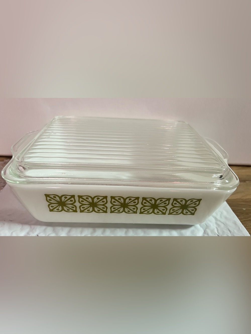 Vintage PYREX - Verde Green Square Flower - 0503 Refrigerator Dish With Lid